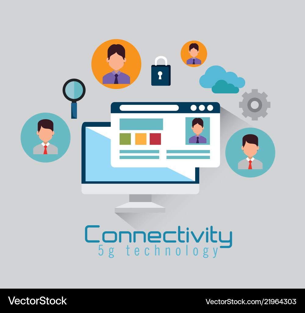 Desktop computer with connectivity 5g tech vector image