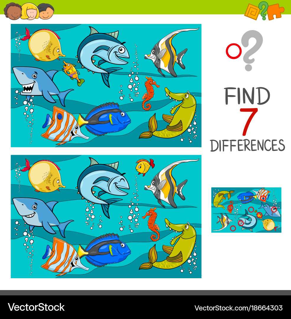 Differences game with fish characters vector image