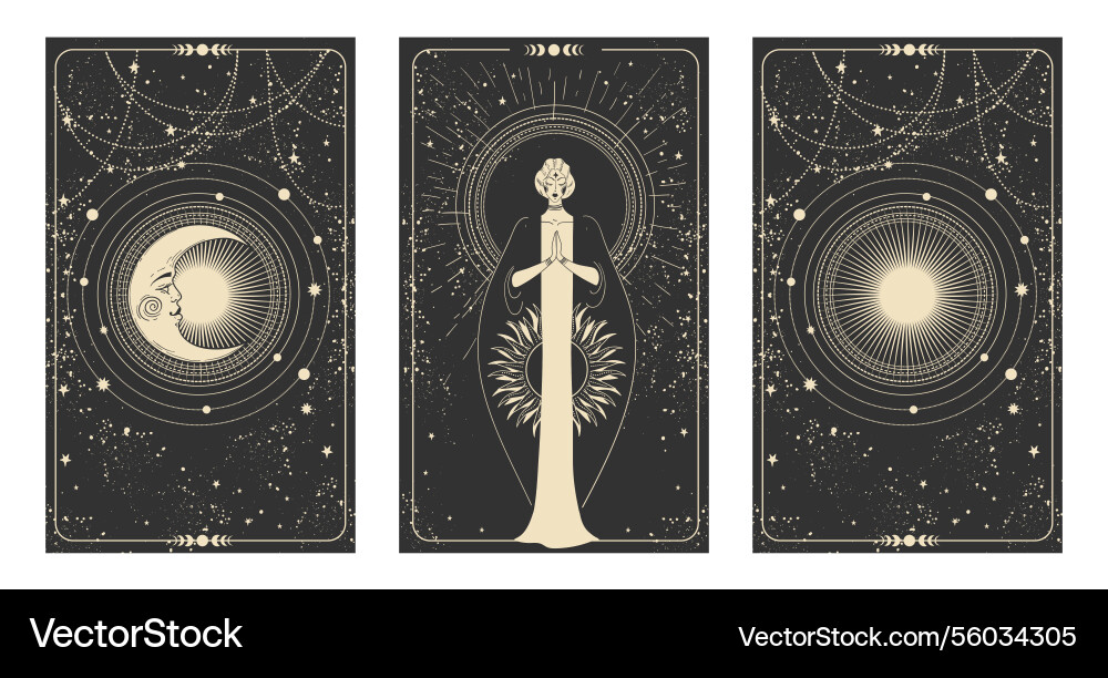 Set of magic tarot cards with sun moon and fairy Set of magic tarot cards with sun moon and fairy vector image