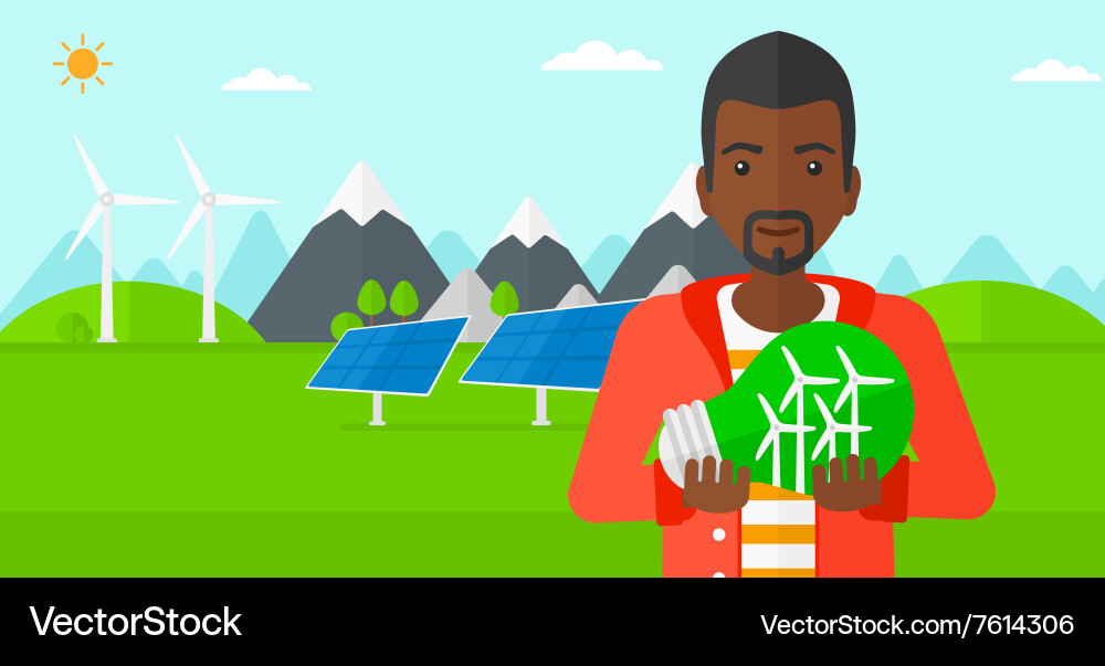 Man holding lightbulb with windmills inside Vector Image