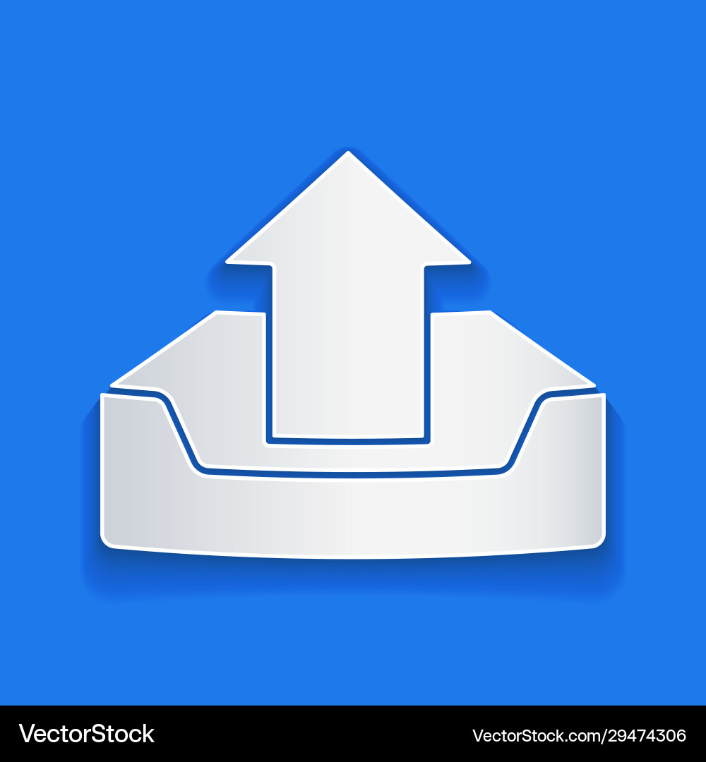 Paper cut upload inbox icon isolated on blue Paper cut upload inbox icon isolated on blue vector image
