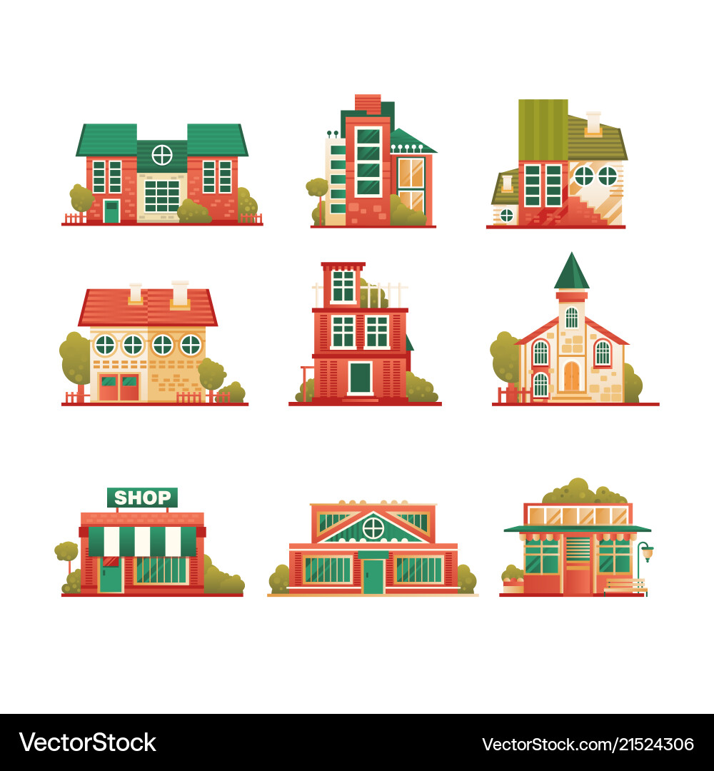 Urban and suburban buildings facade set brick Urban and suburban buildings facade set brick vector image