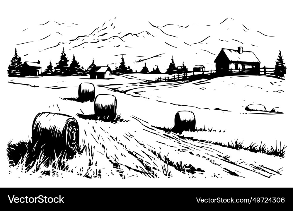 Weizenfelder mit Heuhaufen und Windmühle Weizenfelder mit Heuhaufen und Windmühle vektorbild