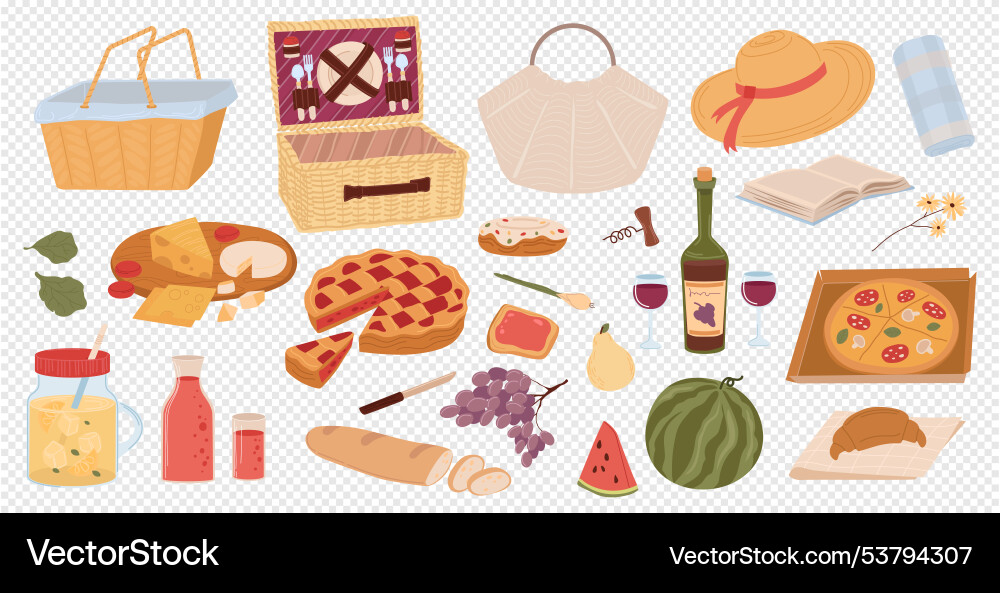 Collection of picnic elements on transparent vector image