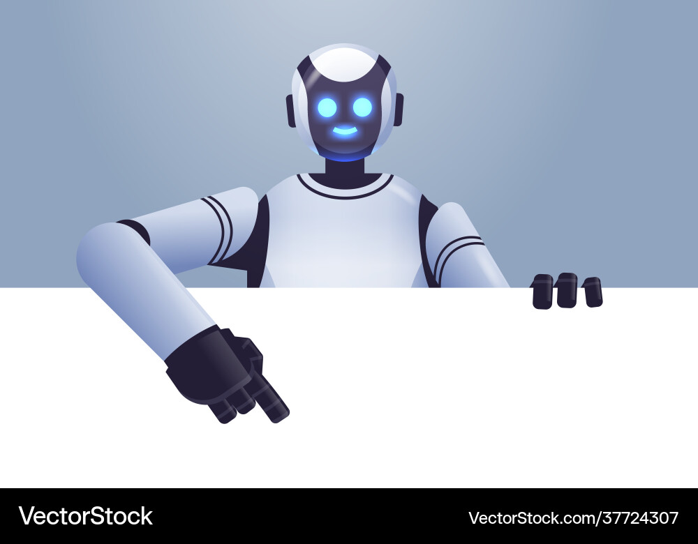 Cute robot cyborg pointing at empty blank white Cute robot cyborg pointing at empty blank white vector image