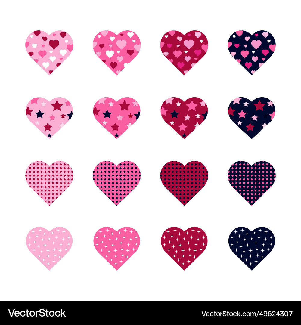 Hearts of different colors with patterns vector image