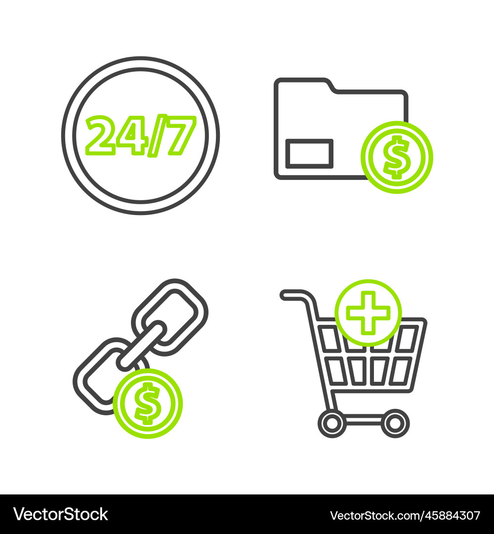 Set line add to shopping cart chain link and coin vector image