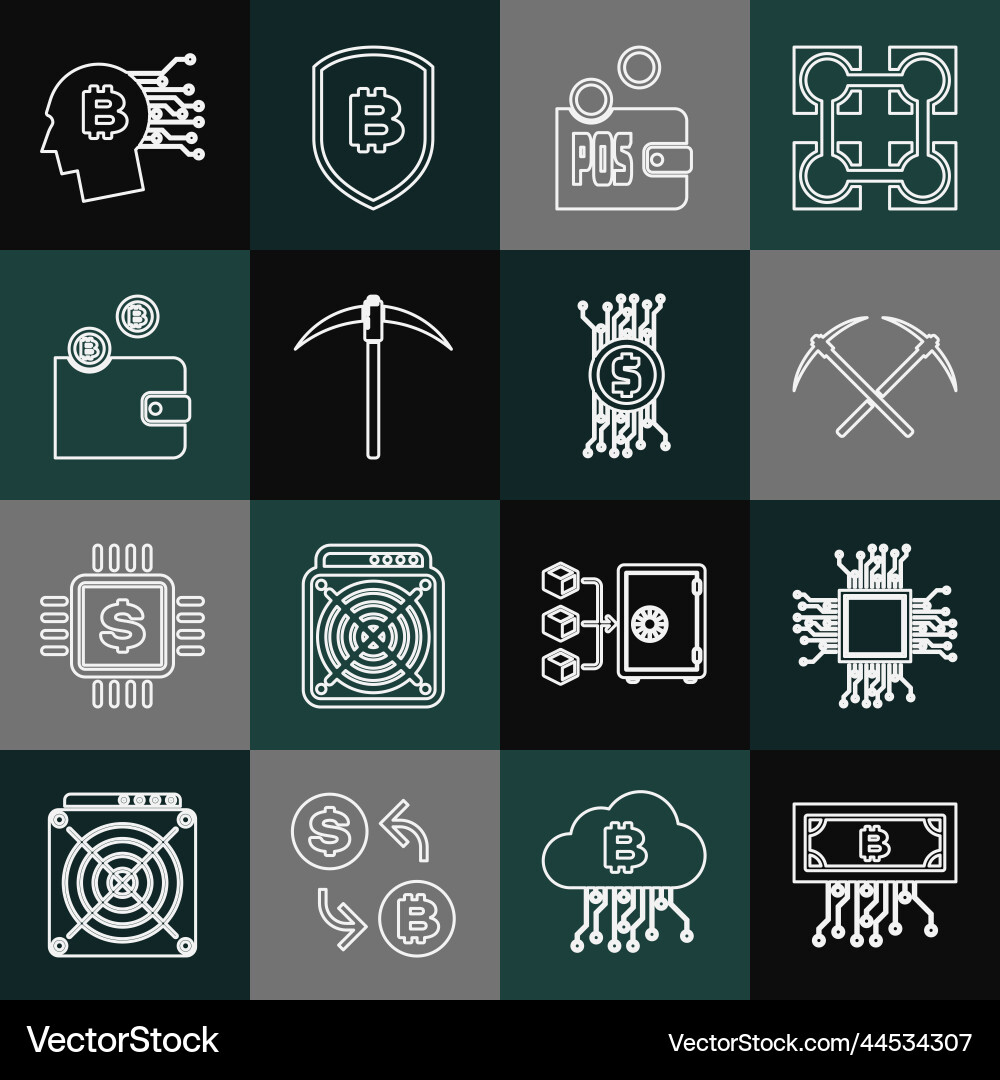 Set line cryptocurrency bitcoin with circuit Set line cryptocurrency bitcoin with circuit vector image