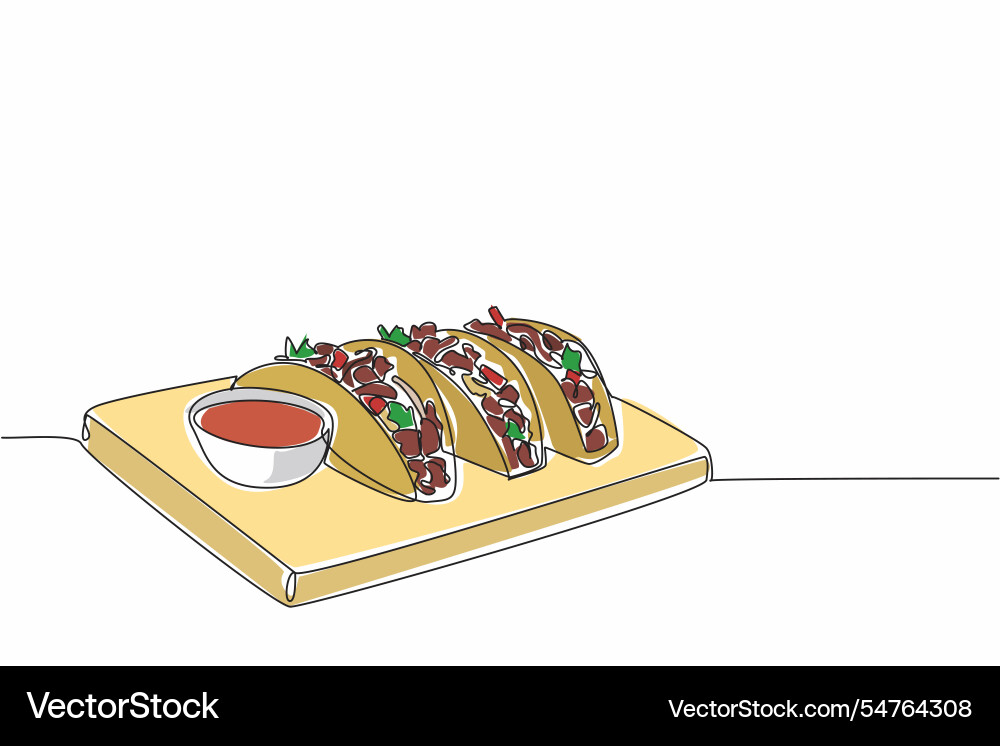 Continuous one line drawing three tacos Continuous one line drawing three tacos vector image