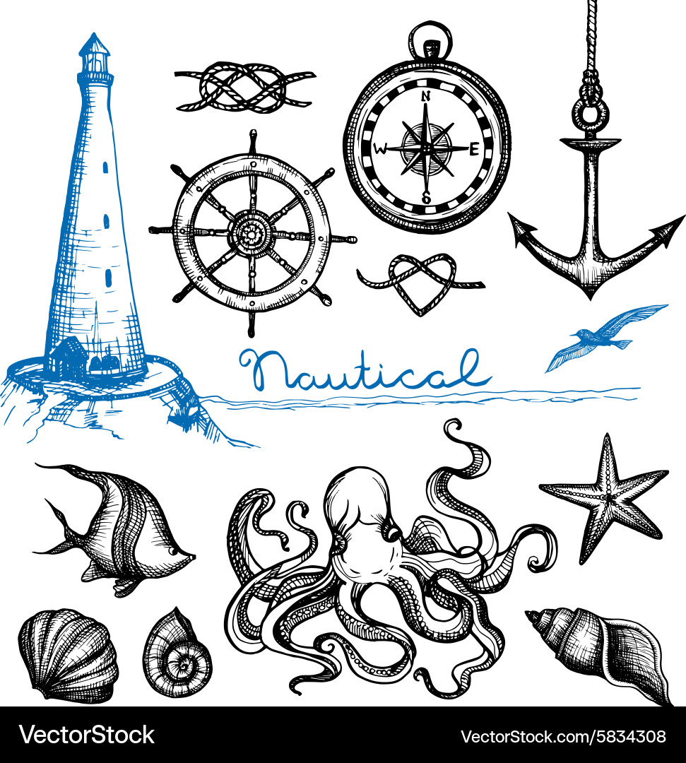 Nautical hand drawn set Royalty Free Vector Image