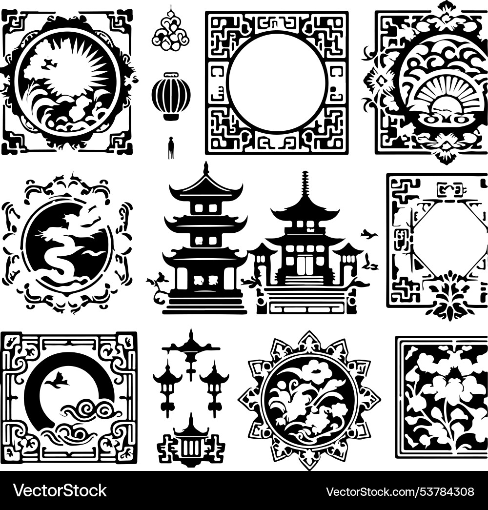 Nine styles of asian pattern and frames Vector Image