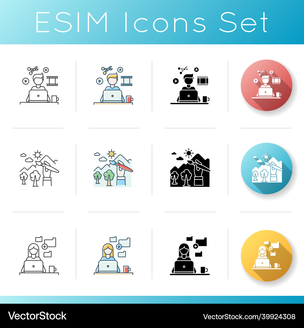Remote works icons set video editing and design vector image