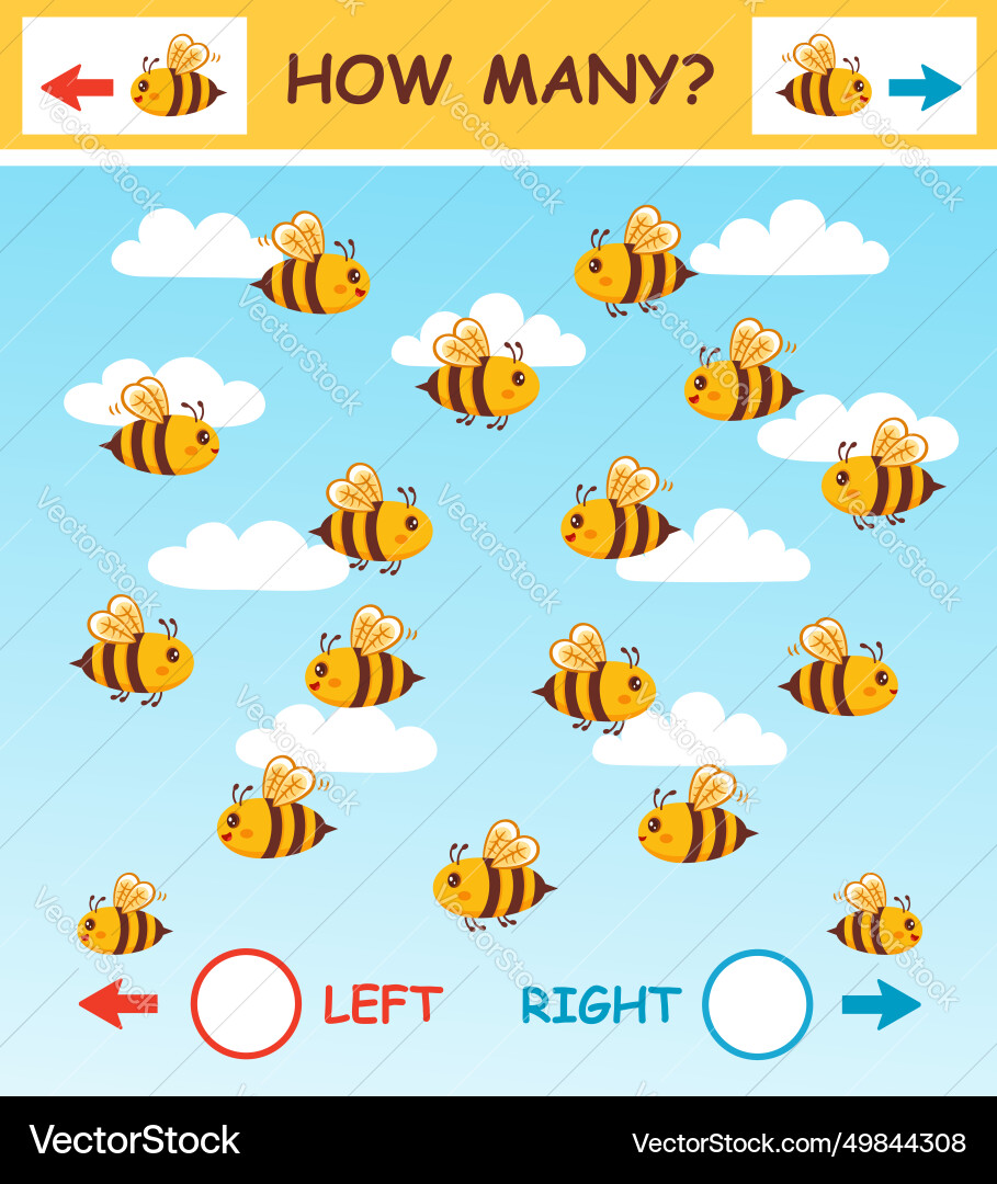 Wie viele Honigbiene fliegen links rechts Kinder puzzle Spiel Wie viele Honigbiene fliegen links rechts Kinder puzzle Spiel vektorbild