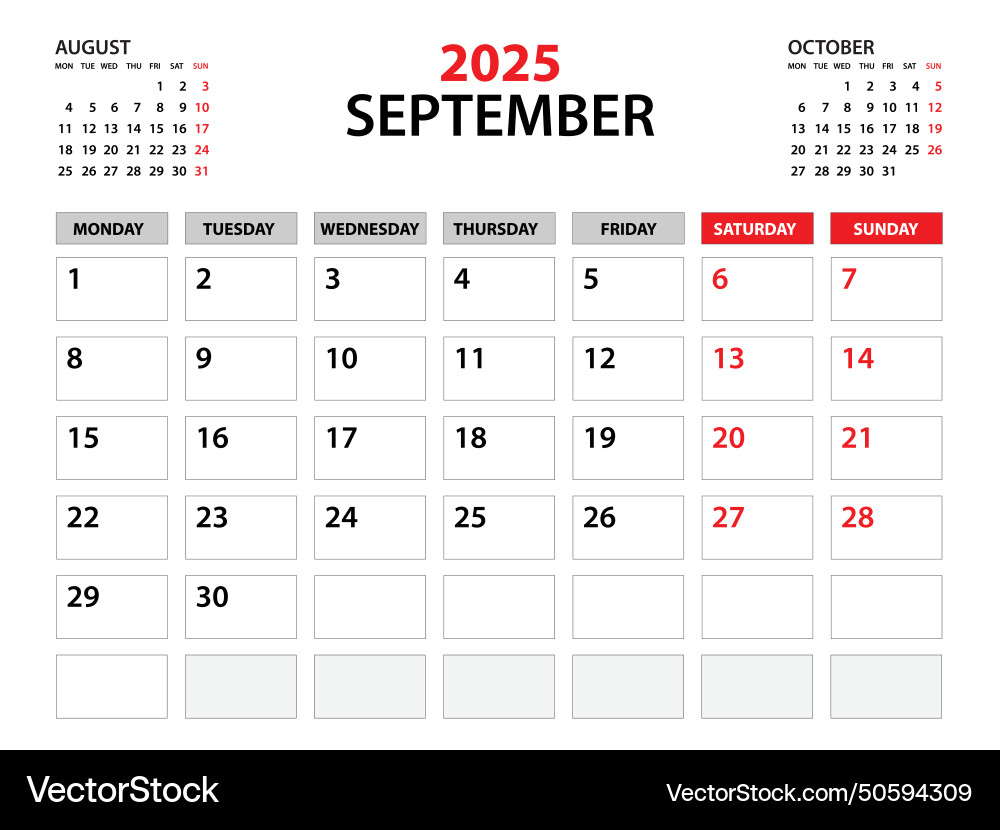 Calendar 2025 template september year Royalty Free Vector