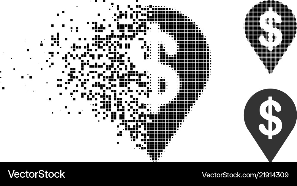 Destructed pixel halftone dollar map pointer icon Destructed pixel halftone dollar map pointer icon vector image
