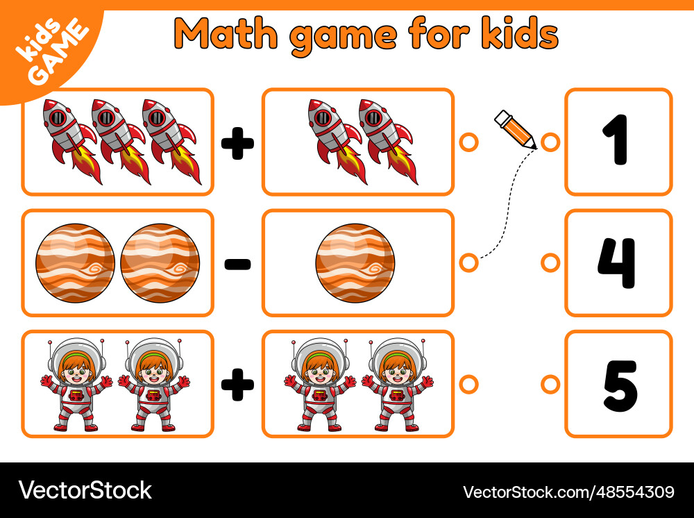 Math-Spiel zählen Raumobjekte und wählen Sie Nummer Math-Spiel zählen Raumobjekte und wählen Sie Nummer Vektorbild