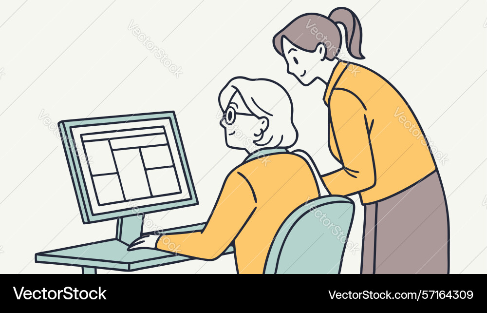 Mentor guiding senior in computer usage digital Vector Image