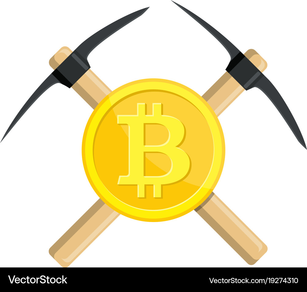 Golden bitcoin and pickaxe vector image