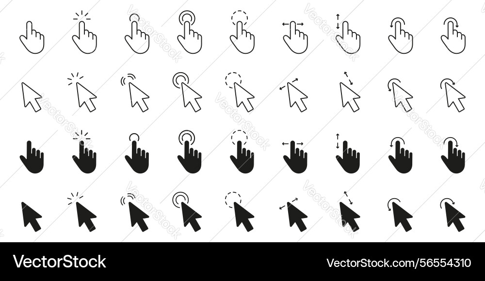 Handgeste Klick und Cursor-Symbole Linie solid Handgeste Klick und Cursor-Symbole Linie solid vektorbild