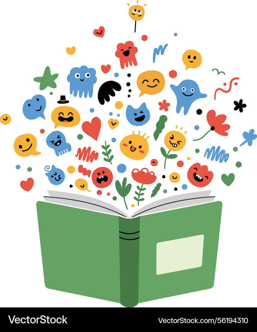 Open book with colorful characters and symbols Vector Image