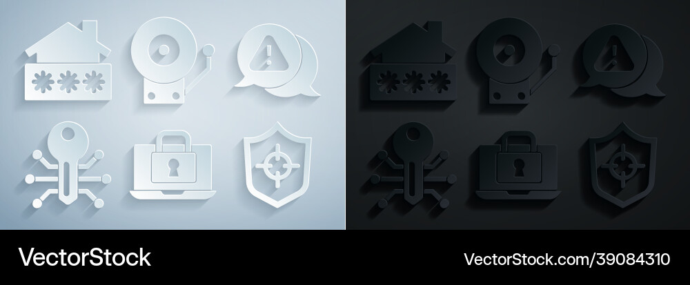 Set laptop and lock exclamation mark in triangle Vector Image