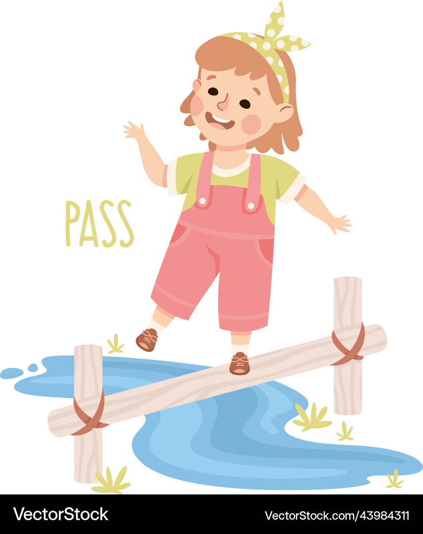 Little girl passing on log across stream Little girl passing on log across stream vector image