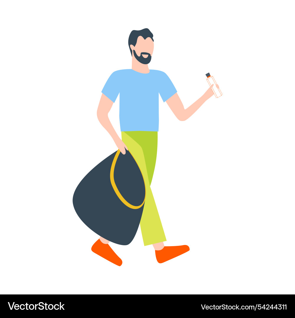 Man collecting plastic into garbage bag in flat vector image