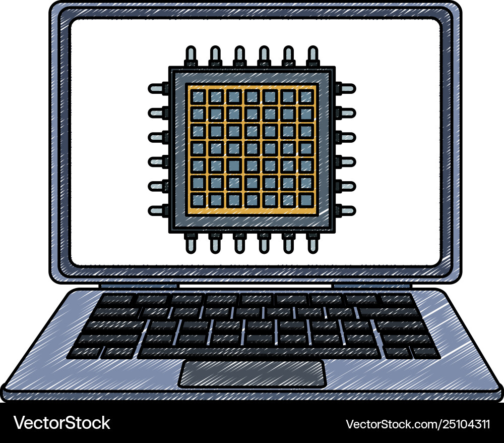 Microchip in laptop scribble Microchip in laptop scribble vector image