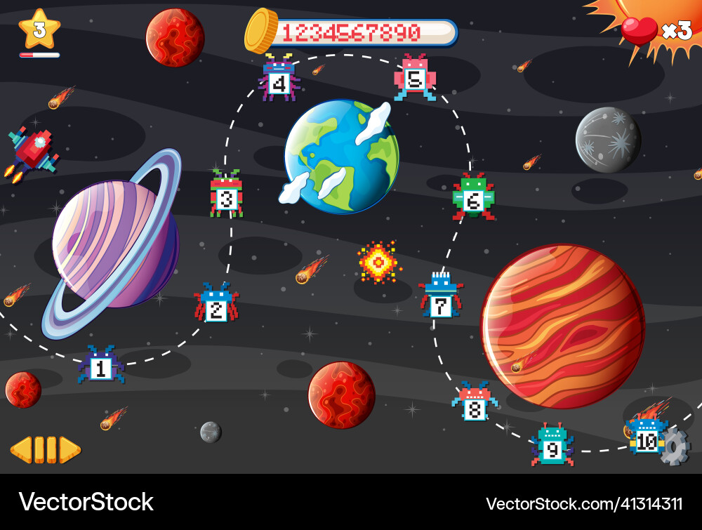 Pixel space game interface with planets Pixel space game interface with planets vector image