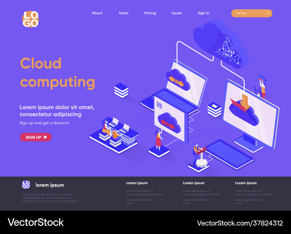 Cloud computing isometric landing page Cloud computing isometric landing page vector image