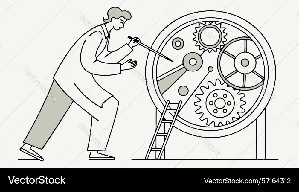 Engineer working on complex machinery with gears vector image