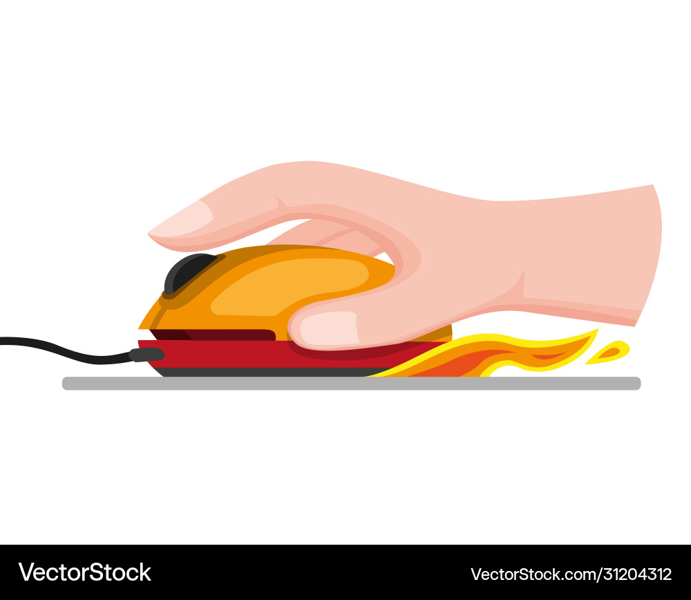 Hand holding and click mouse with fire effect cart vector image