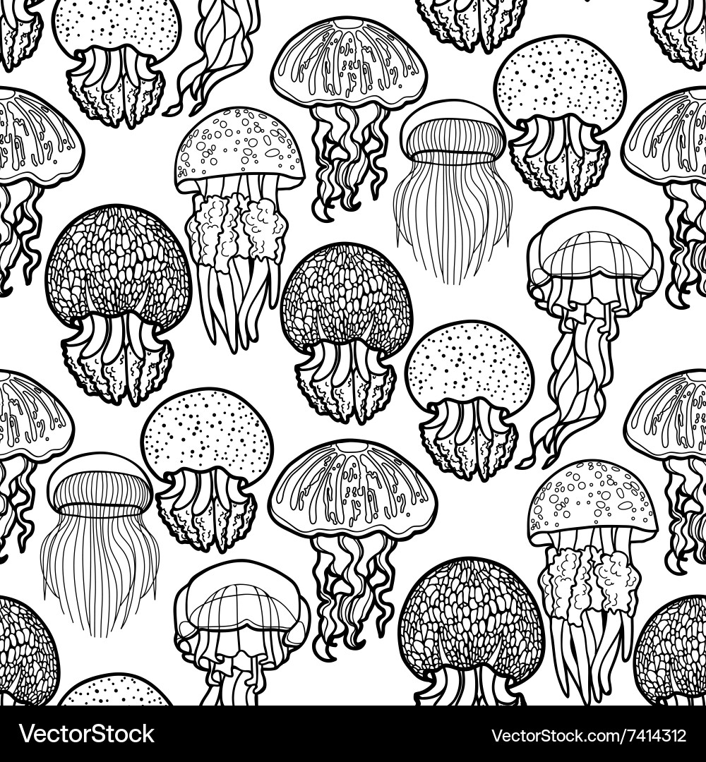 Jellyfish pattern in line art style vector image