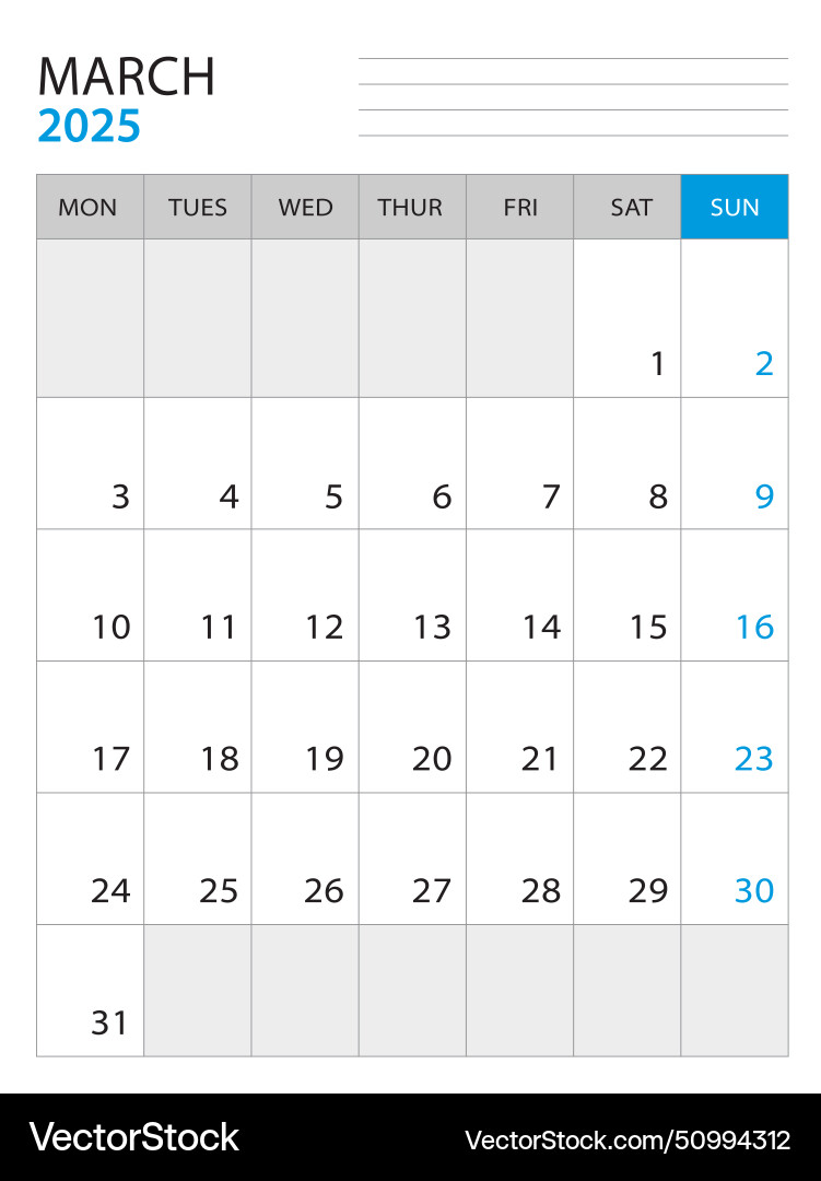 March 2025 calendar template Royalty Free Vector Image