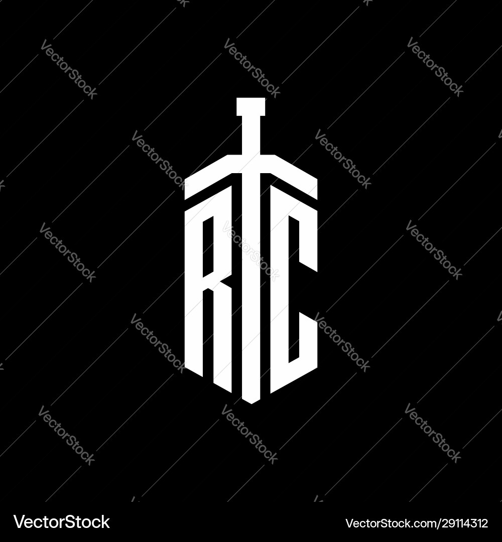 Rc logo monogram with sword element ribbon design vector image