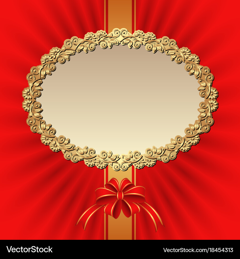 Background with red bow and golden frame vector image