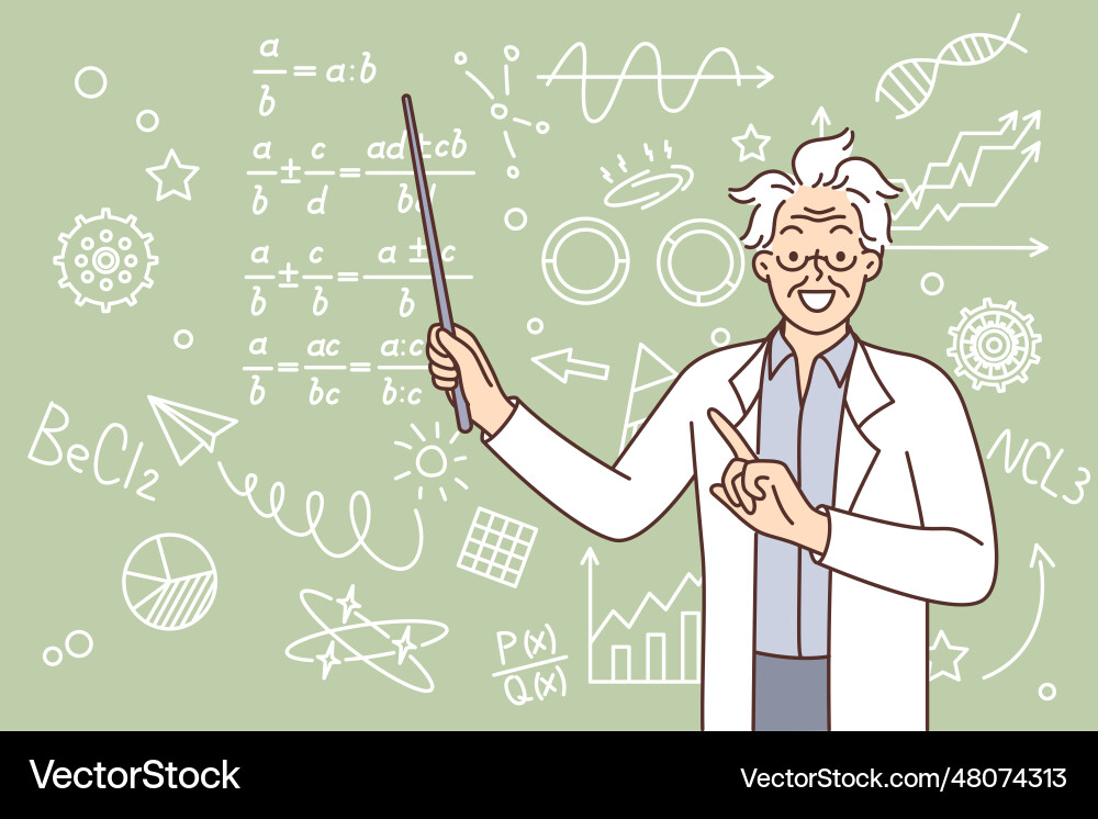 Crazy scientist points to formulas written Vector Image