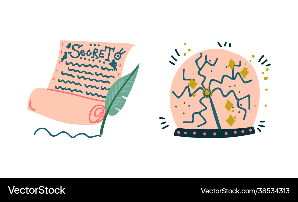 Crystal ball and scroll with quill as witchcraft Vector Image