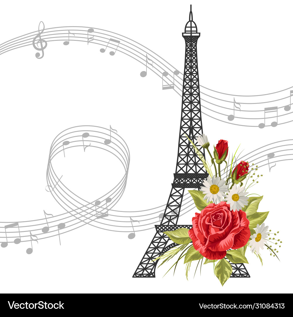 Eiffel tower with flowers and music notes isolated Eiffel tower with flowers and music notes isolated vector image