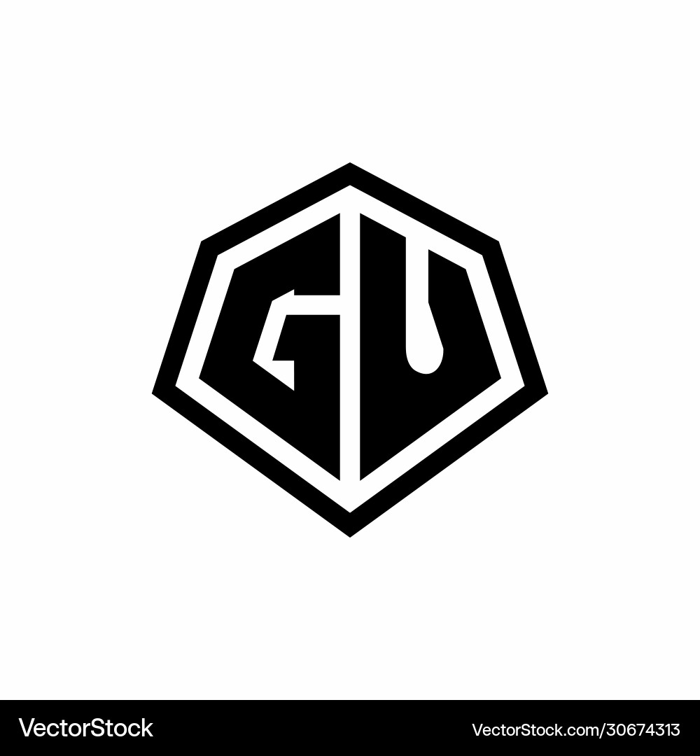 Gu monogram logo with hexagon shape and line vector image
