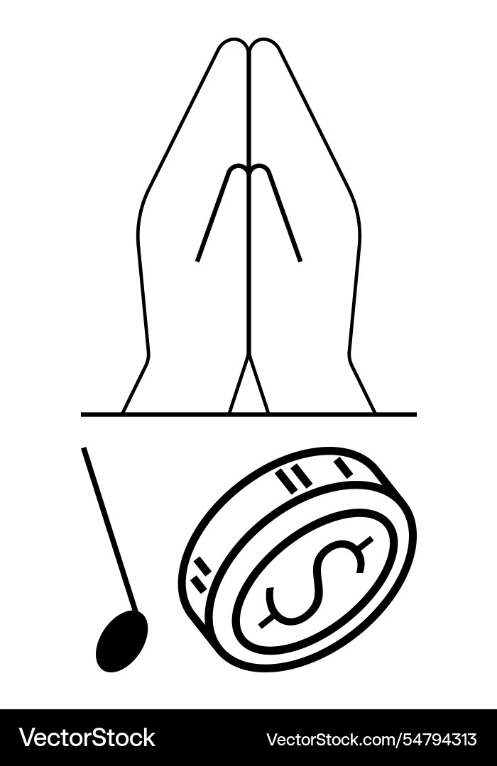 Hands in prayer above a coin and clock pendulum Hands in prayer above a coin and clock pendulum vector image