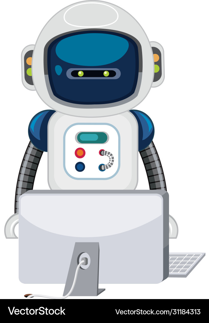 Robot working on computer white background vector image
