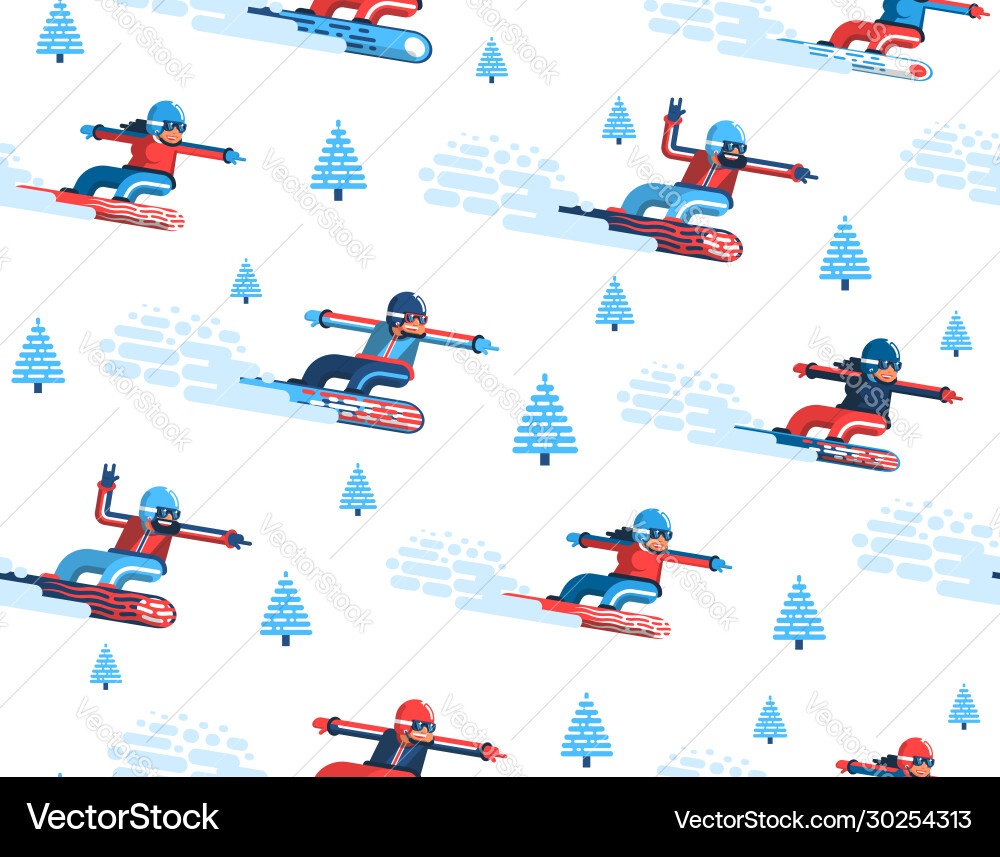 Seamless pattern with moving snowboarders and firs vector image