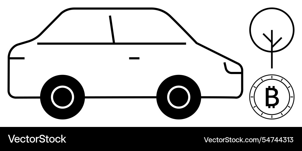 Simplified side view of car with tree and bitcoin Simplified side view of car with tree and bitcoin vector image