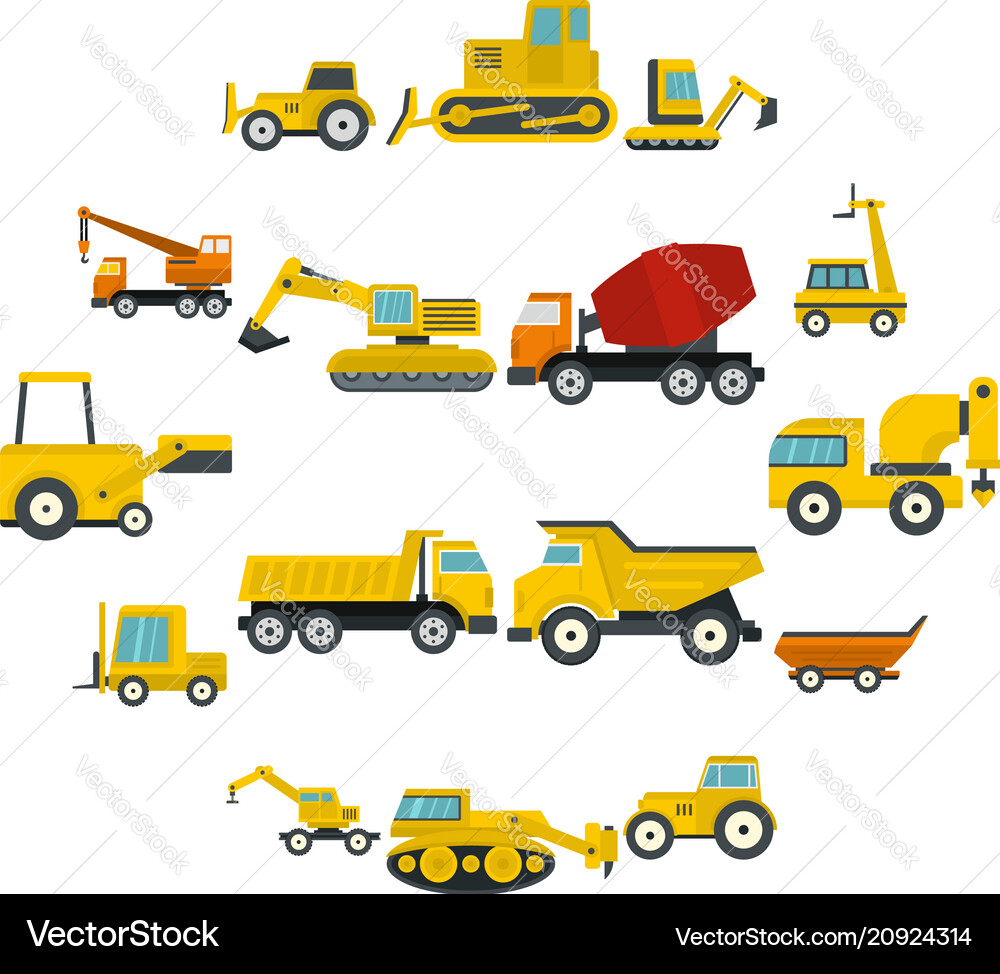 Building vehicles icons set in flat style Building vehicles icons set in flat style vector image