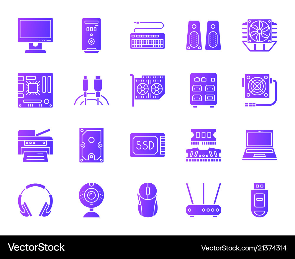 Computer simple purple gradient icons set Computer simple purple gradient icons set vector image