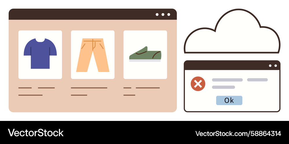 E-commerce platform with error message and cloud E-commerce platform with error message and cloud Vector Image
