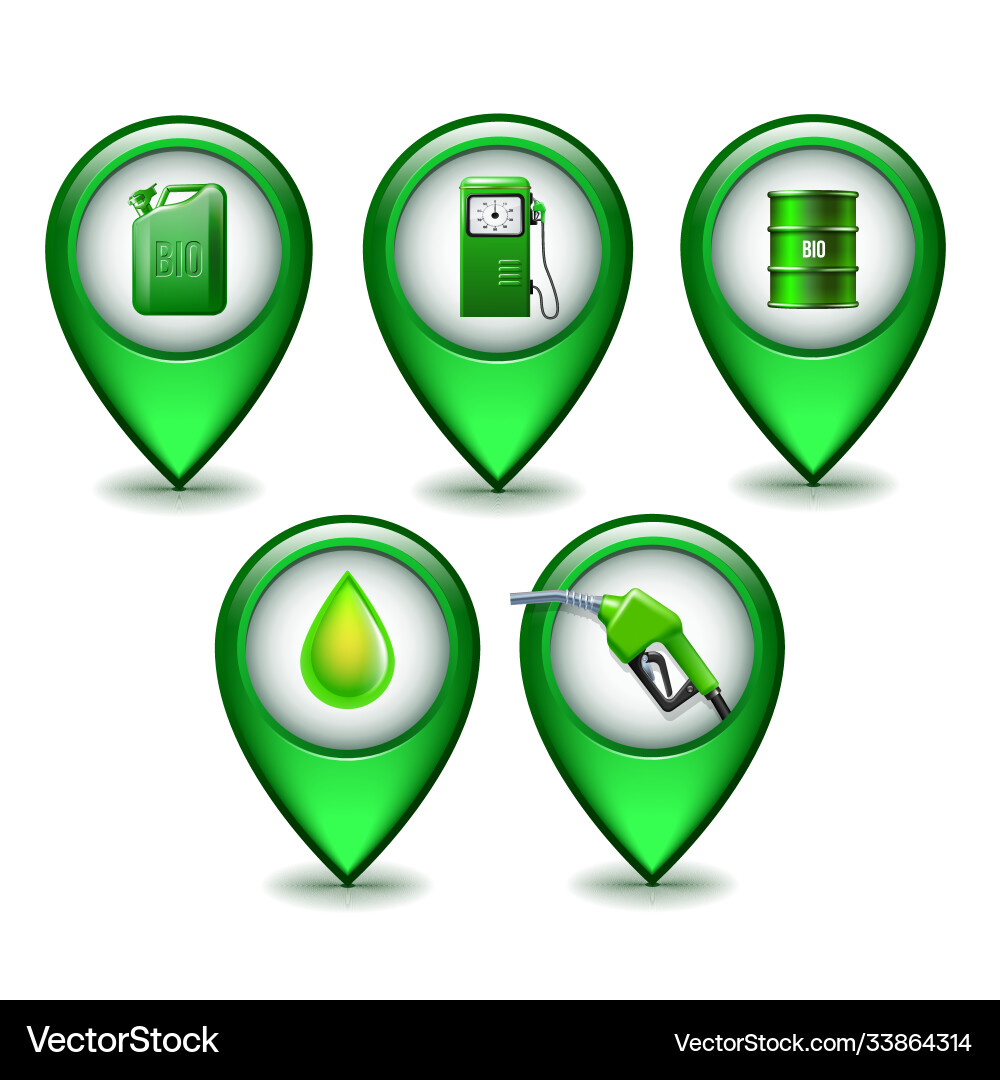Set green glossy style map pointers with oil Set green glossy style map pointers with oil vector image