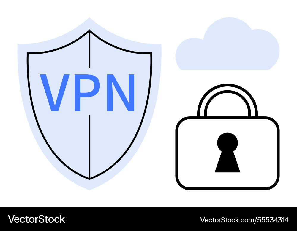 Shield with vpn text cloud and lock representing Shield with vpn text cloud and lock representing vector image