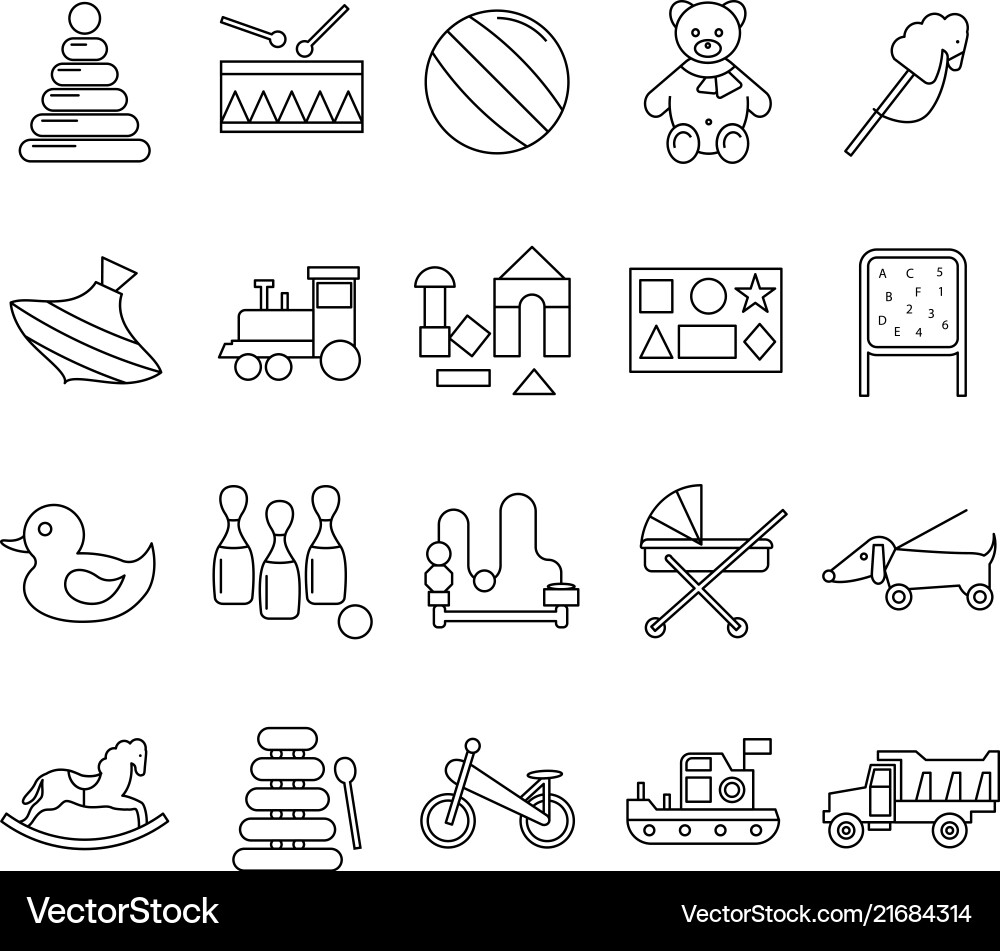 Spielzeug Schilder schwarz dünne Linie Icon Set Spielzeug Schilder schwarz dünne Linie Icon Set vektorbild